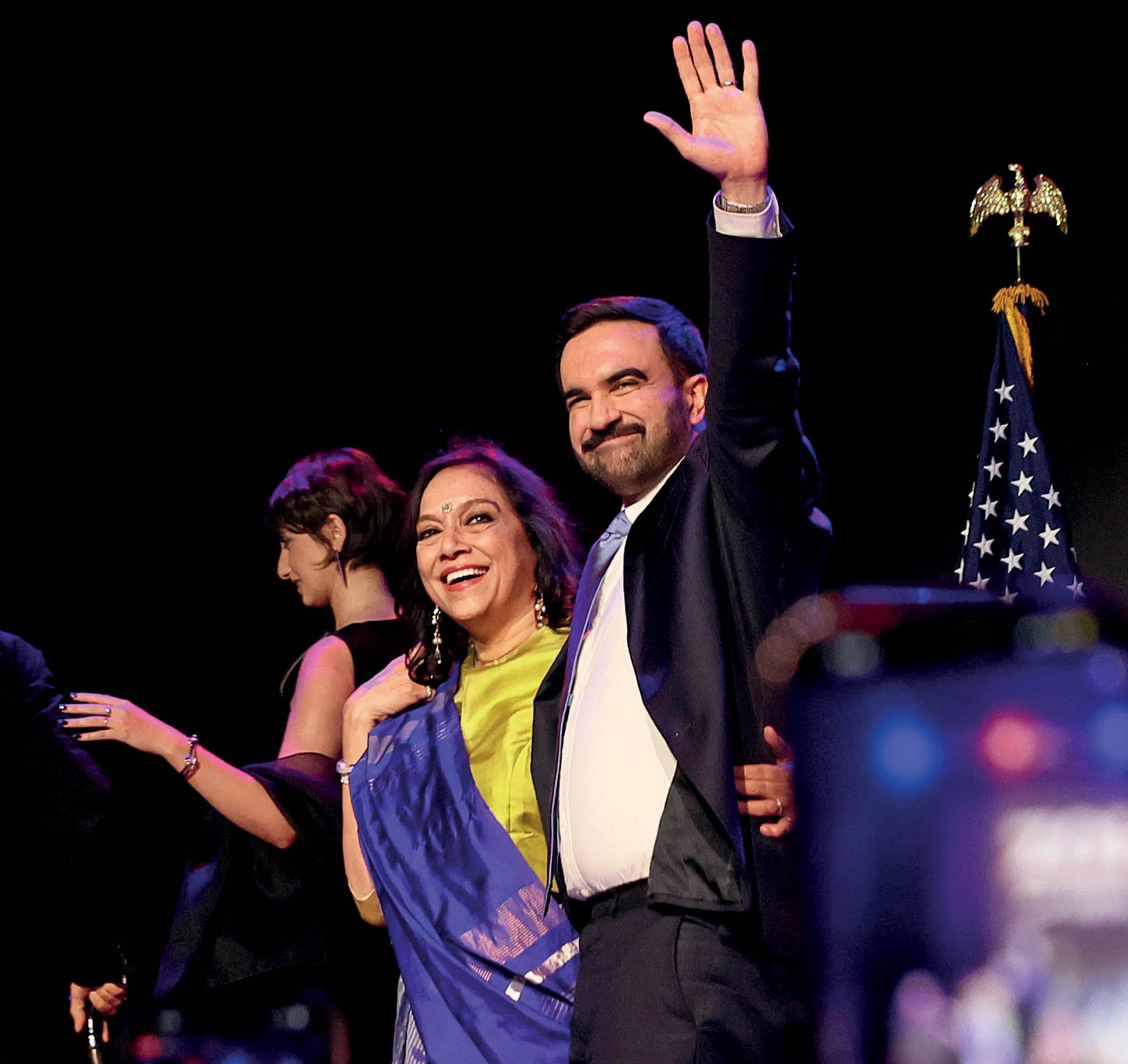New York City Mayor-elect Zohran Mamdani with Nair — his mother — after delivering remarks at his election night watch party at the Brooklyn Paramount on 4 November.