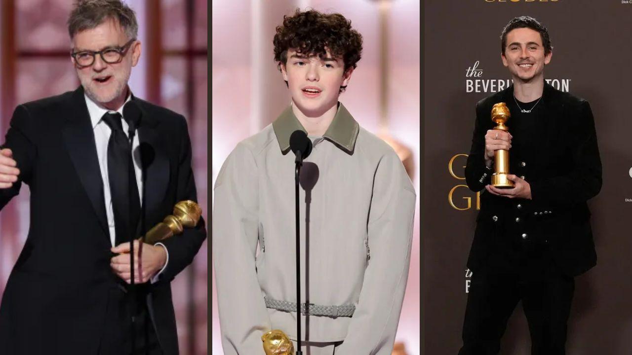 Paul Thomas Anderson, Owen Cooper, and Timothée Chalamet at the Golden Globes 2026. 
