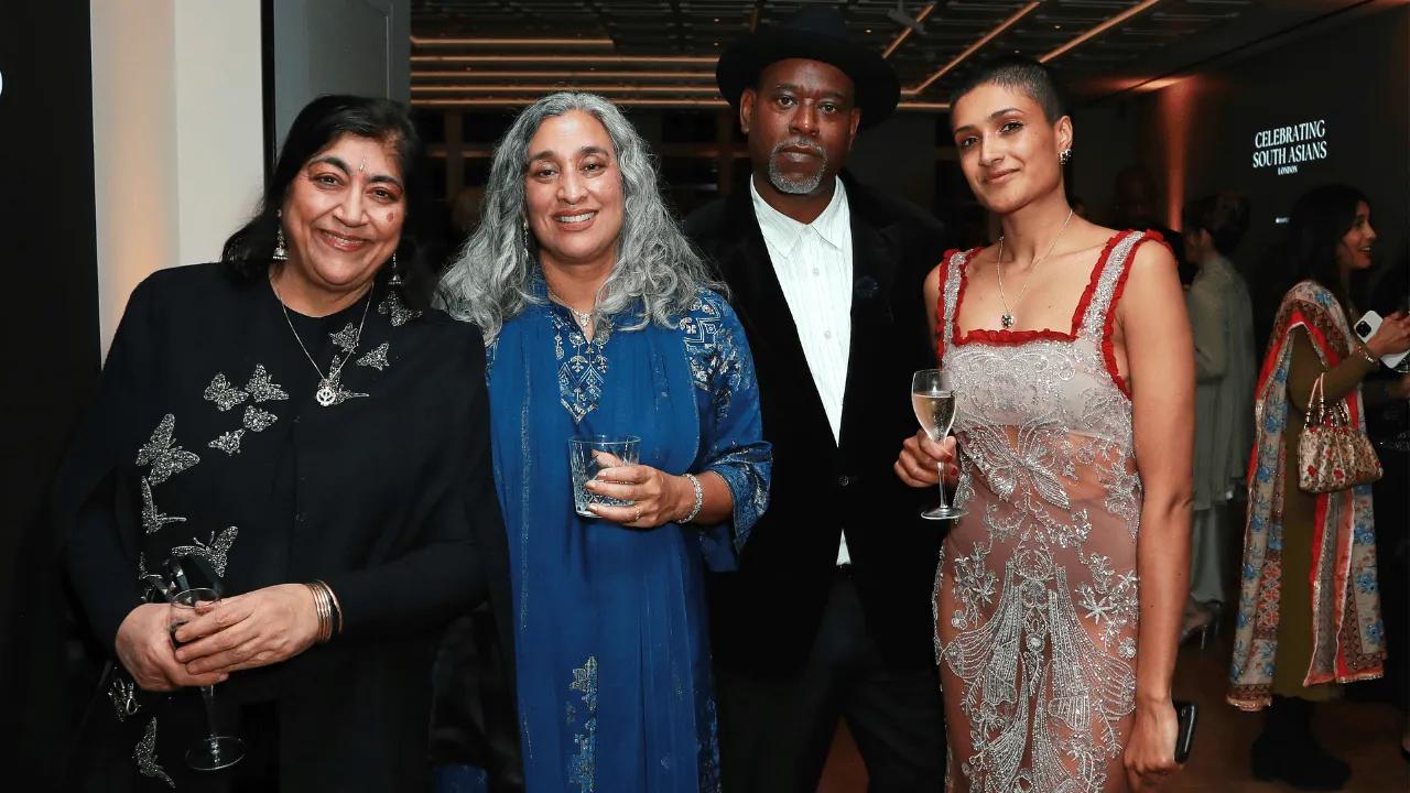 Gurinder Chadha, Geeta Gandbhir, Nikon Kwantu and Chloe Abrahams attend Celebrating South Asians hosted at BAFTA Piccadilly on February 20, 2026 in London, England.