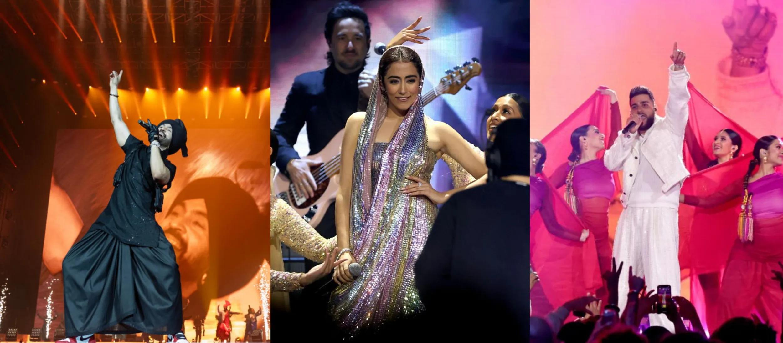 From left to right: Diljit Dosanjh, Jonita Gandhi and Karan Aujla on stage.