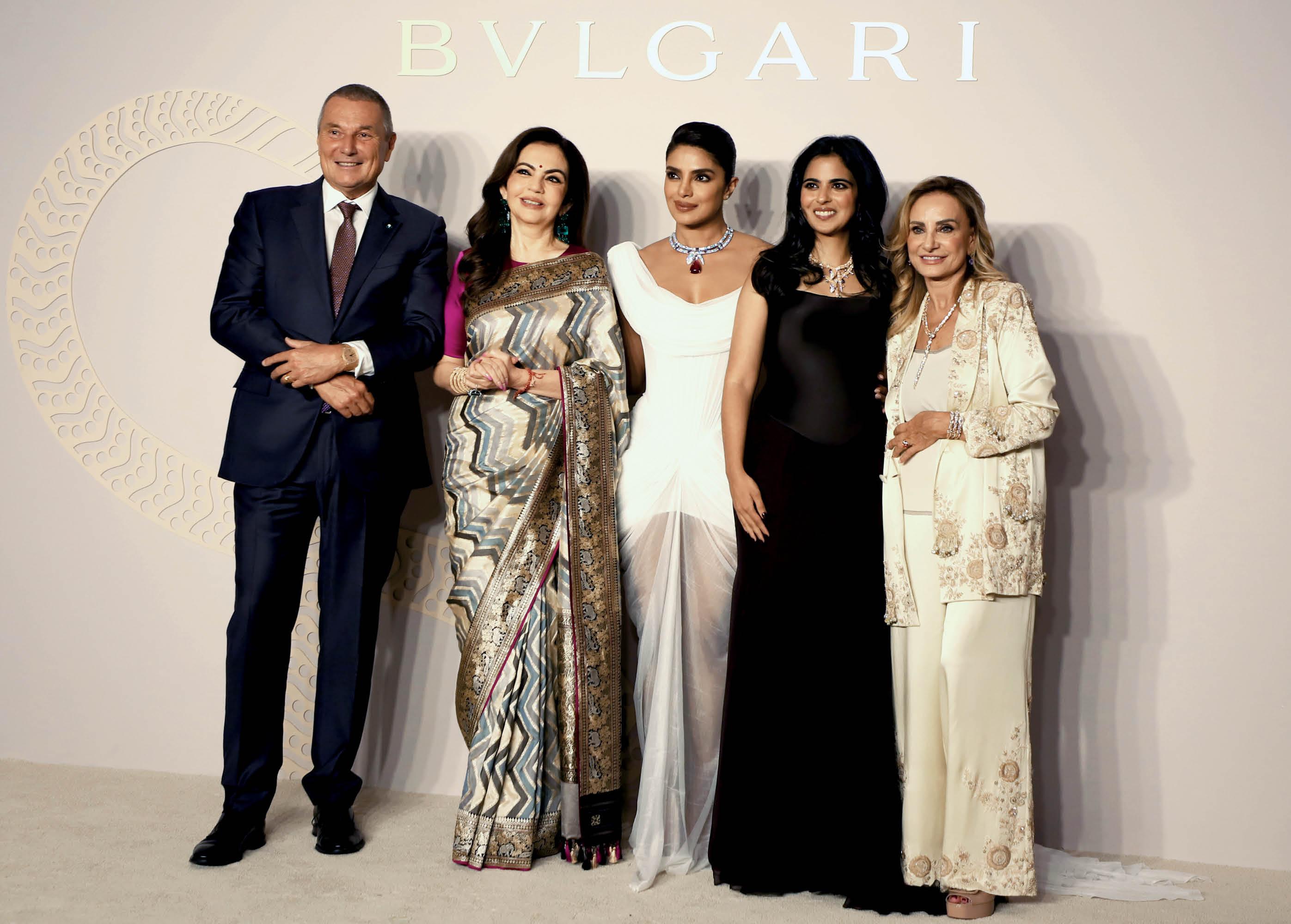 Silvestri and Chopra Jonas with Bvlgari CEO Jean-Christophe Babin, Nita Ambani and Isha Ambani Piramal.