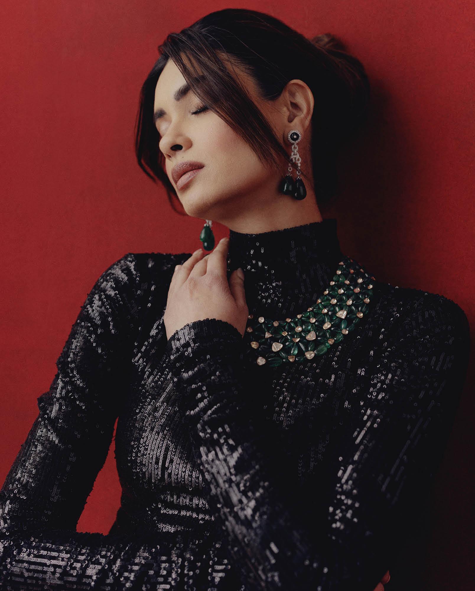 Penty is dressed in jewels by CKC Jewellers, a Rahul Mishra ensemble and footwear by Oceedee.