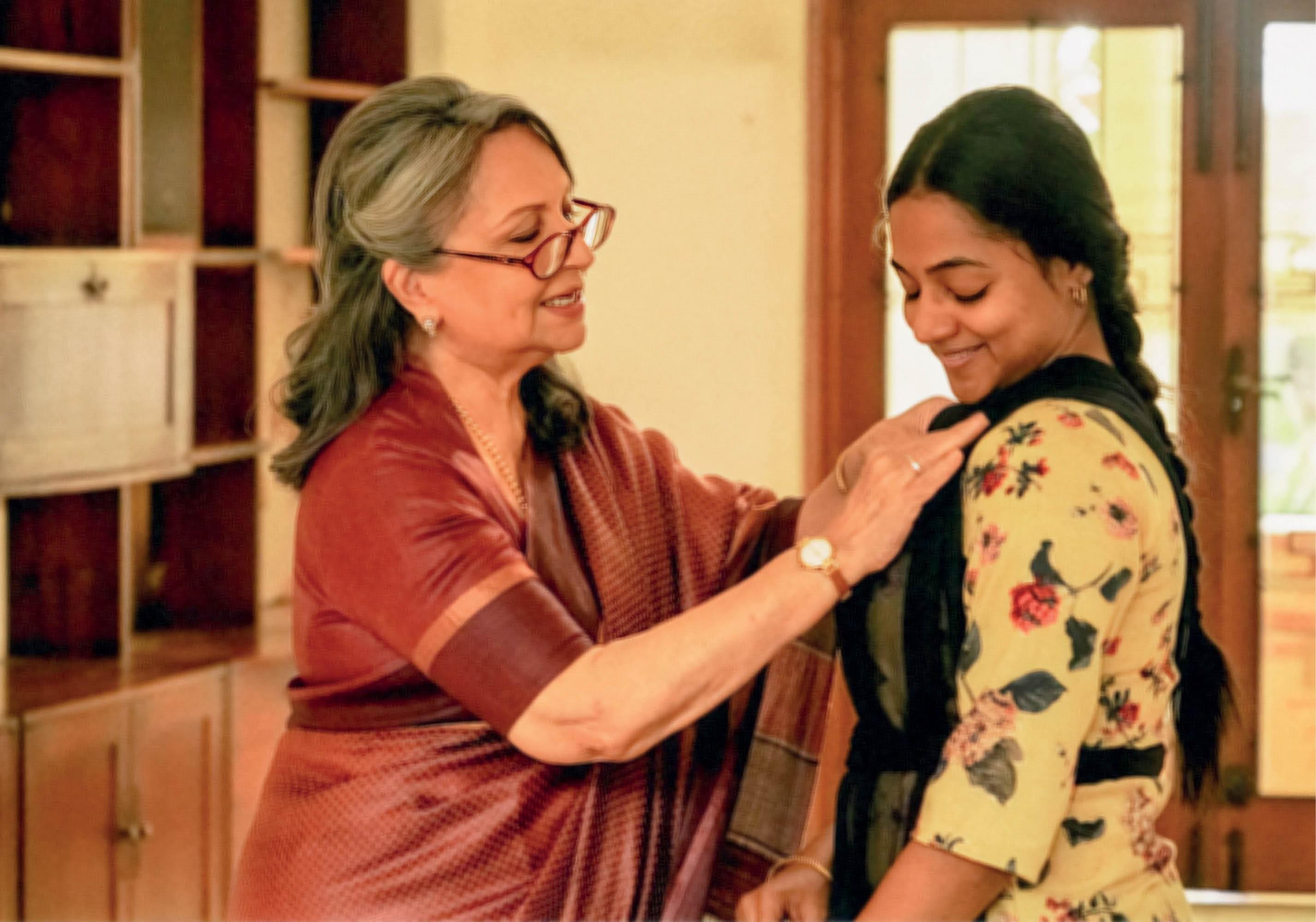 Santhy Balachandran sharing screen space with Sharmila Tagore in 'Gulmohar'.