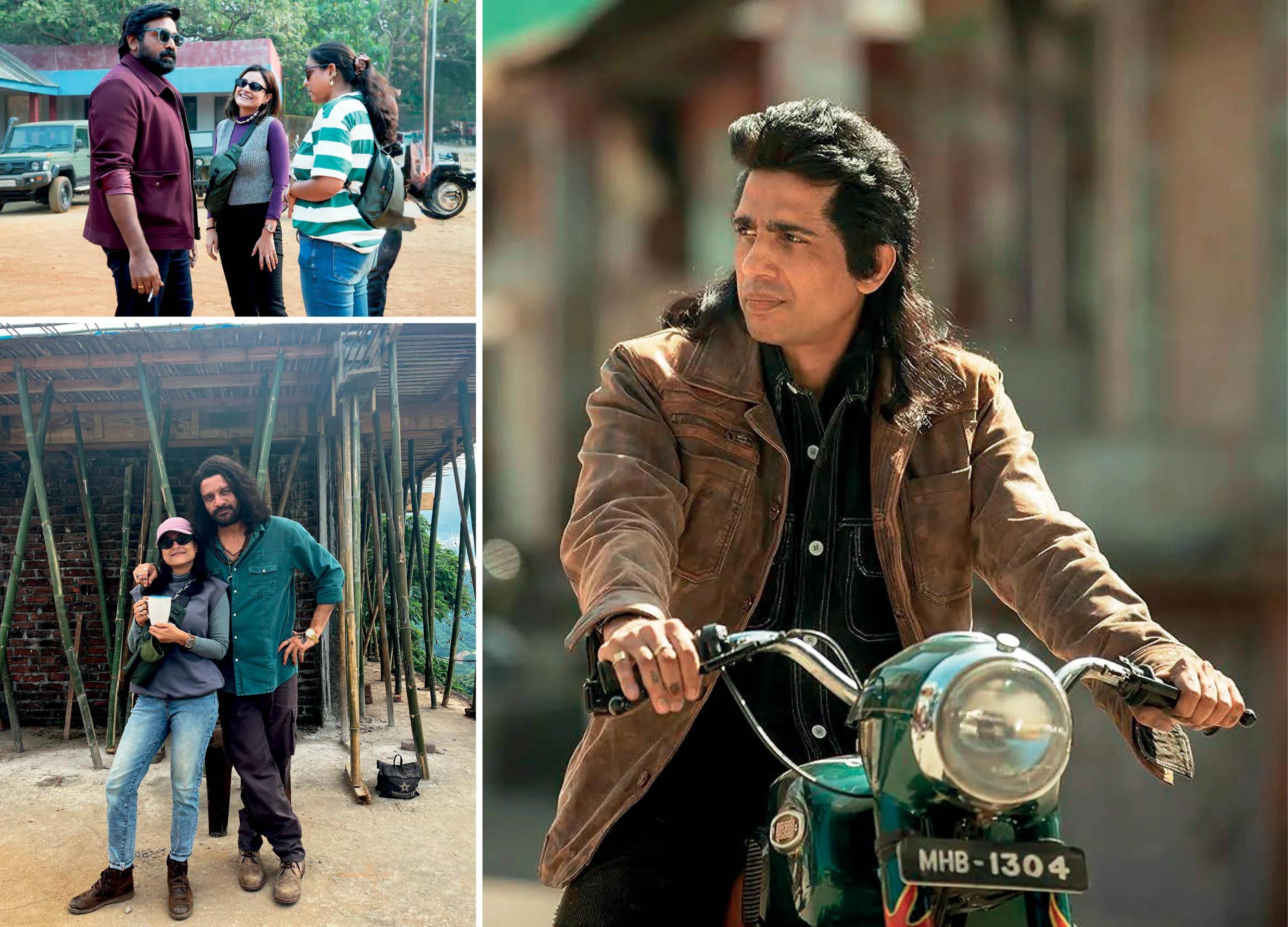 Gulshan Devaiah in a still from 'Guns & Gulaabs' (inset right); Vijay Sethupathi and Jaideep Ahlawat with costume designer Neha Bajaj on the sets of 'The Family Man'. 
