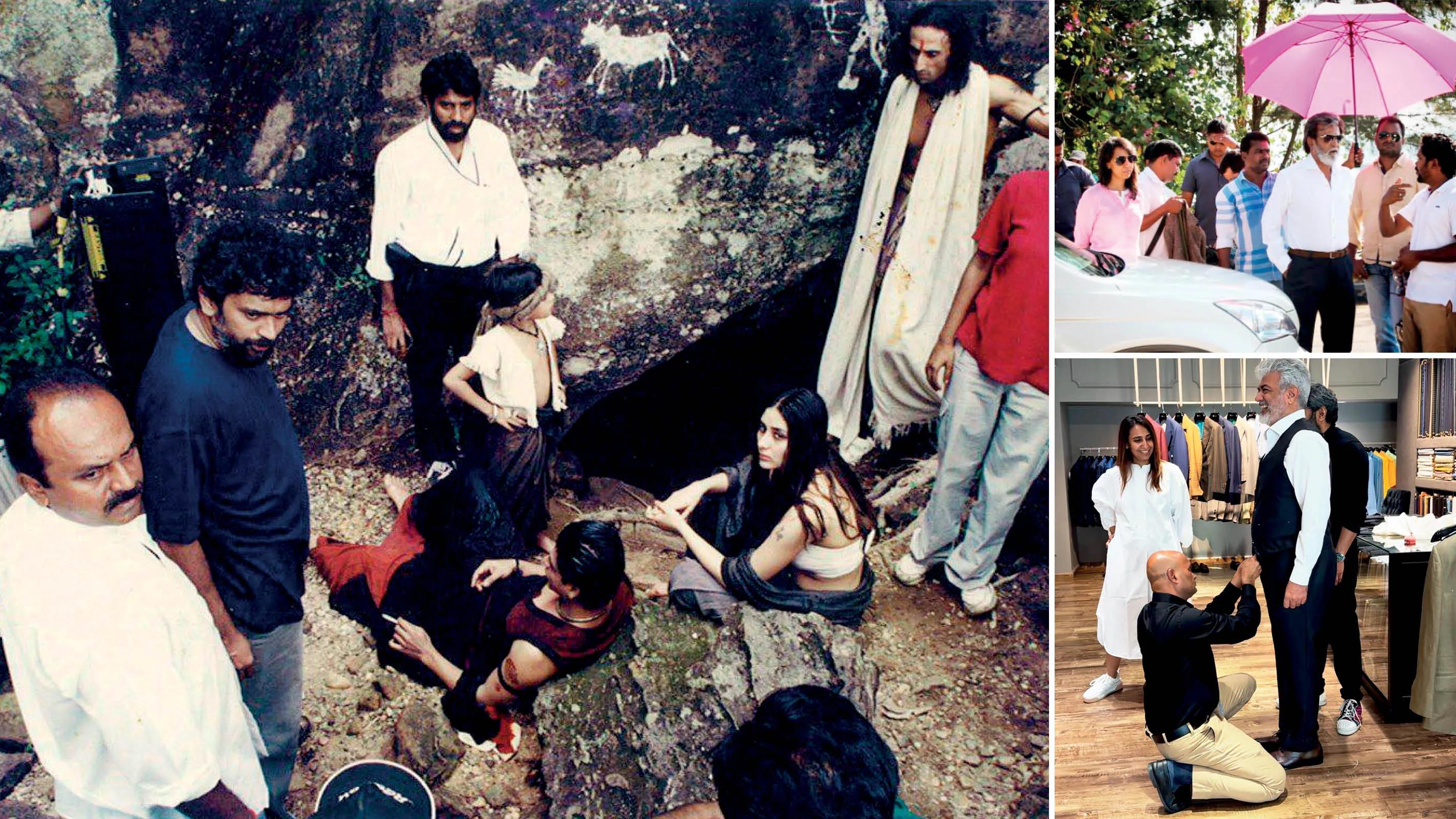 Costume designer Anu Vardhan on the sets of 'Aśoka' (inset left); Vardhan styling Rajinikanth and Ajith Kumar.