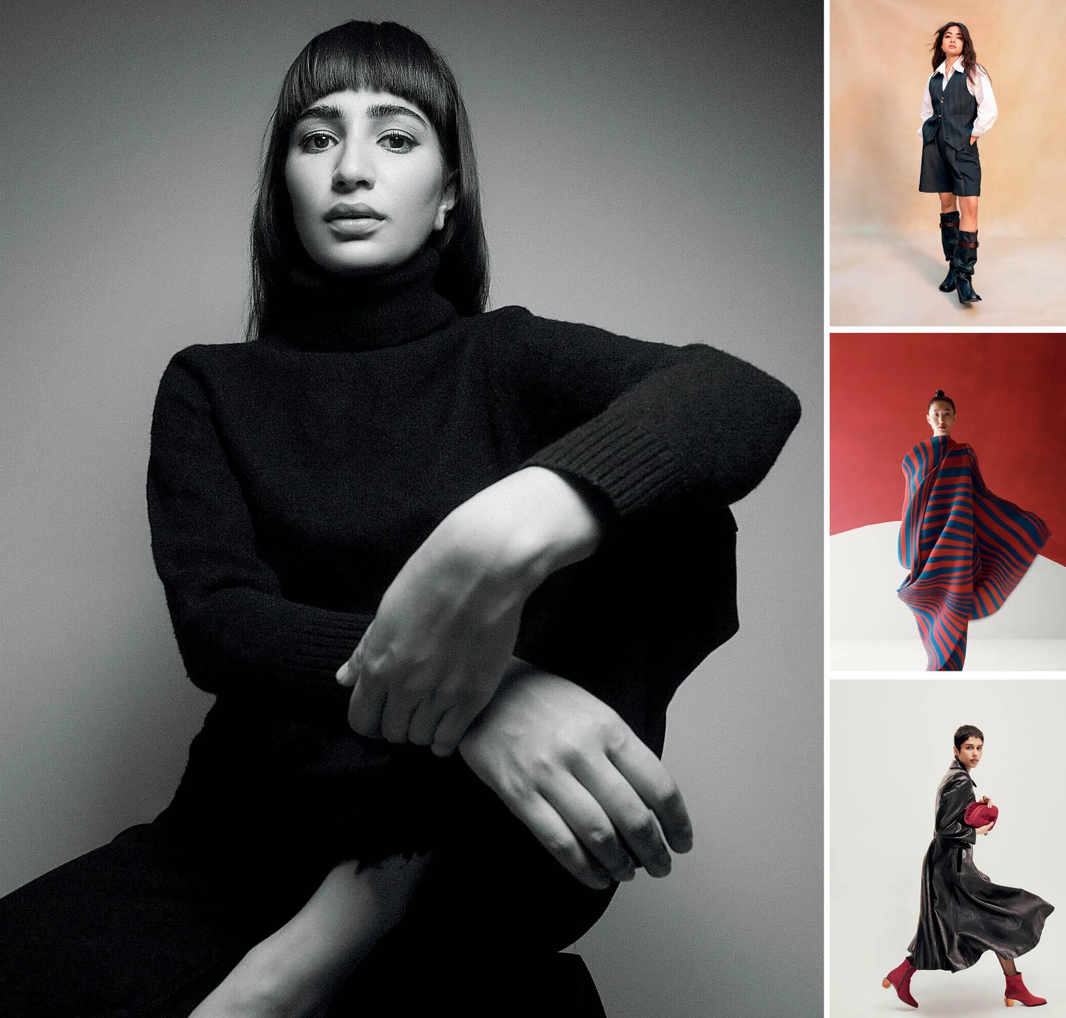 Devanshi Tuli is known for her intuitive sense of colour and silhouette, evident in her work with Rashmika Mandanna (far left), model Tashi Palden Gyamtscho and Mahieka Sharma (left) among others.