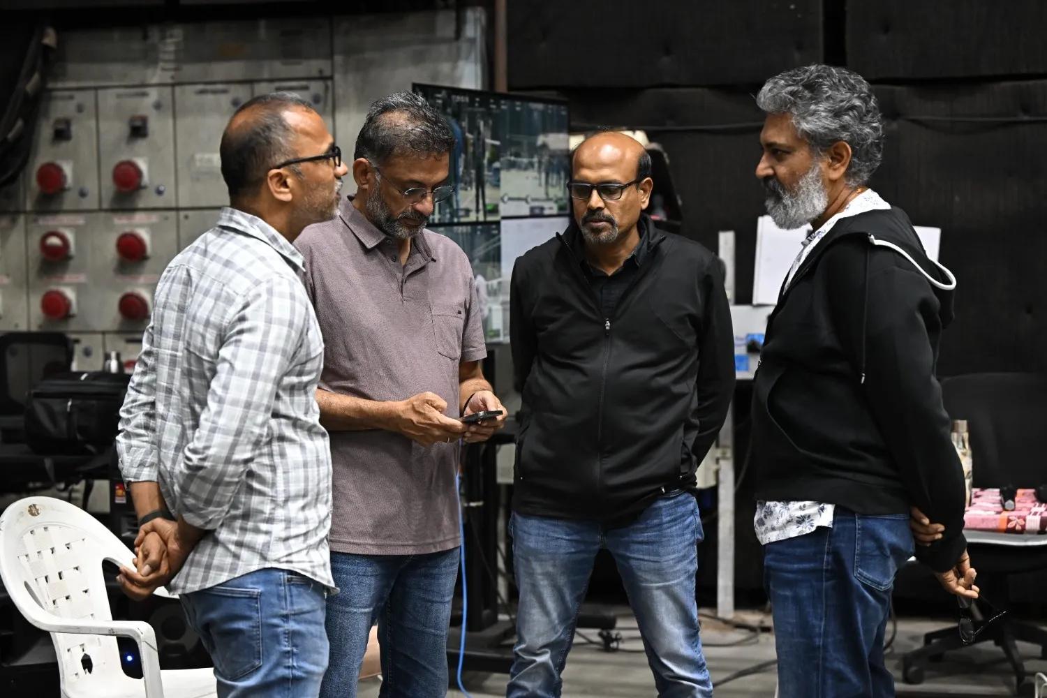 CV Rao, Shobu Yarlagadda, 'Varanasi' VFX Supervisor Srinivas Mohan along with SS Rajamouli