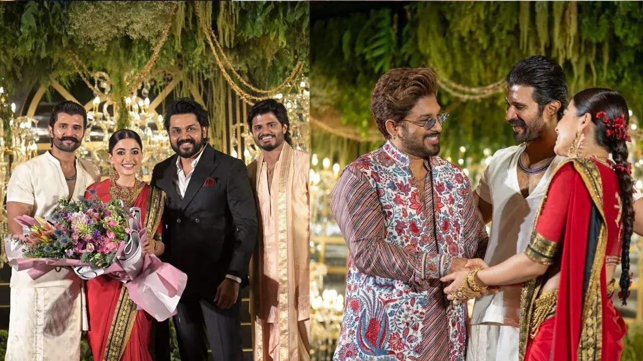 Karthi and Allu Arjun with Vijay Deverakonda and Rashmika Mandanna