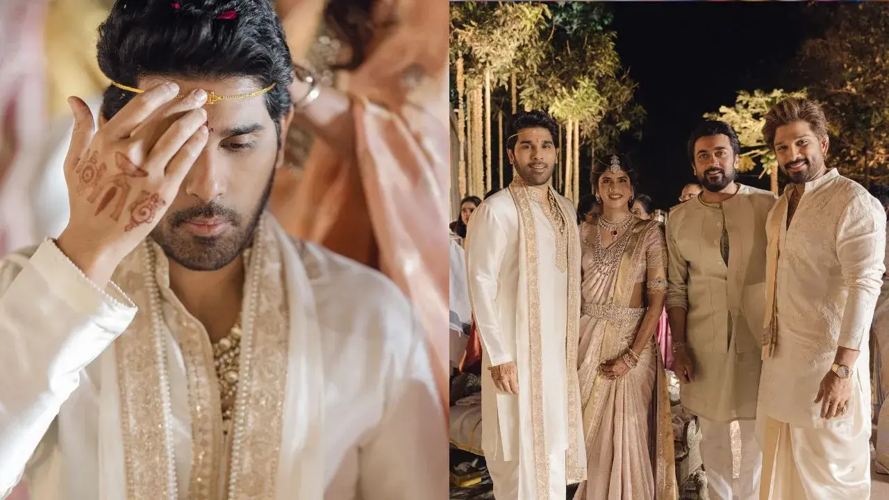 Allu Sirish; Sirish with his wife Nayanika Reddy, actor Suriya, and brother Allu Arjun