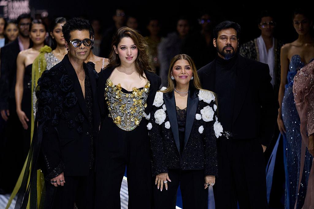 Karan Johar and Tamannaah Bhatia presents a collection by designer duo Falguni Shane Peacock during Lakme Fashion week 2025 on March 28, 2025 in Mumbai, India