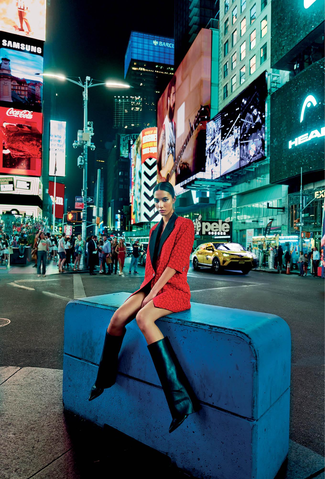 Model wearing FSP in Times Square in New York.